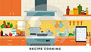 Recipes cooking food online. Vector flat illustrations. Home cooking concepts, search for recipes.