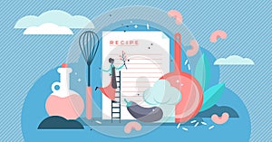 Recipes vector illustration. Flat tiny chef write ingredients list concept.