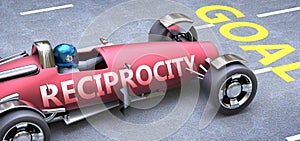 Reciprocity helps reaching goals, pictured as a race car with a phrase Reciprocity on a track as a metaphor of Reciprocity playing photo