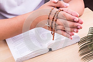 Reciting prayers using Catholic rosary with crucifix and bible