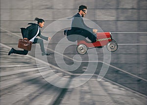 Reckless business man races with a car to win a competition against the competitors. Concept of success and competition