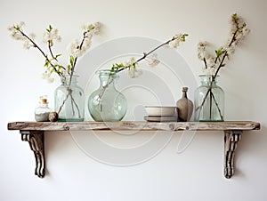 Reclaimed Wood Floating Shelf with Ornate Frames and a Tall Glass - AI Generated