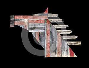 Reclaimed wood horse portrait isolated on a black background
