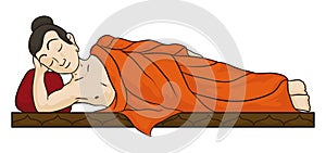 Reclined Buddha with closed eyes in cartoon style, Vector illustration