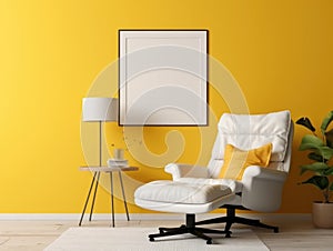 Recliner chair and white mock up poster frame on yellow wall. Interior design of modern living room