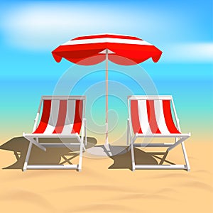 Recliners and Beach umbrella. Sea. Vector Illustration
