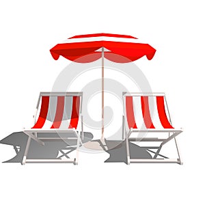 Recliners and Beach umbrella on a white background