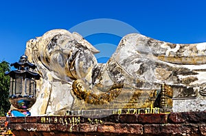 Reclining Buddha Ayutthaya with golden Miniature in front no peoples