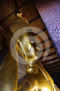 Reclining buddha gold statue face. Wat Pho