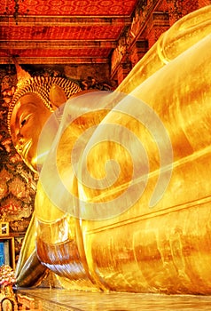 Reclining Buddha gold statue. Wat Pho, Bangkok, Thailand