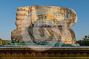 Reclining Buddha`s feet statue in Bago, Myanmar.