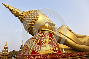 Reclining Buddha Statue Head Sleeping Pha That Luang Monument Vientiane Laos