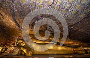 A reclining Buddha statue located in Cave Three at Dambulla Cave Temples.