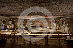 A reclining Buddha statue located in Cave Two at Dambulla Cave Temples.