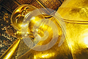 Reclining Buddha Wat Pho . Reclining Buddha gold statue. Wat Pho, Bangkok, Thailand