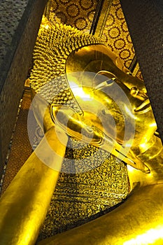 Reclining Buddha Wat Pho . Reclining Buddha gold statue. Wat Pho, Bangkok, Thailand
