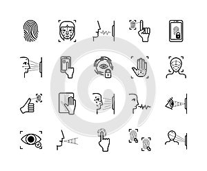 Recognition biometric icons system set. Fingerprint palm identification appearance biometry face scanning unlock photo