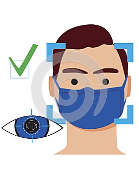 Recognition of the face and eyes of a man in a medical mask, saying stock vector illustration as a concept of identifying a person