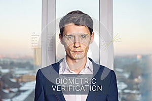 Recognition of male face. Biometric verification and identification photo