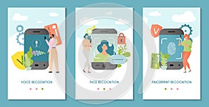 Recognition technology vector illustration. Face, voice, fingerprint recognizer. Authentication system recognizing