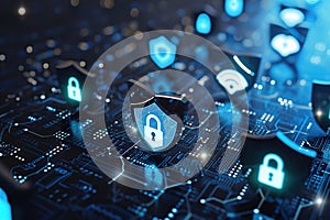 Recognizable symbols like shields, padlocks, firewalls, and antivirus symbols that represent various aspects of digital security