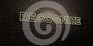 RECOGNIZE -Realistic Neon Sign on Brick Wall background - 3D rendered royalty free stock image