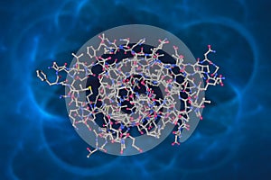 Recombinant human muscle fatty acid-binding protein. Molecular model on blue background. 3d illustration