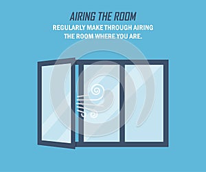 Recommendation during a coronavirus pandemic. Airing the room. Open window in a flat design on a blue background photo