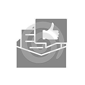 Recommendation letter gray icon. Letter with thumb up in speech bubble, praise, like symbol