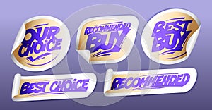 Recommended buy, best choice, best buy - stickers set with violet lettering