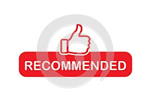 Recommended red banner with thumb up. Web button with text isolated on white background.