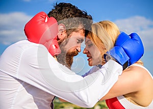 Reconciliation and compromise. Fight for your happiness. Man and girl cuddle happy after fight. Couple in love boxing