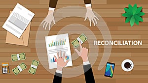 Reconciliation white text illustration with two people discussion with money, paperworks and folder document on top of