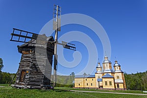 Reconstructed ancient style wooden church in ethnographic museum Pirogovo in Kiev