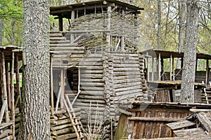 Reconstructed ancient wooden fortification in the outdoor archeological museum of Celtic culture