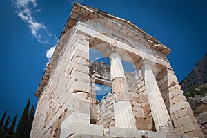 The reconstructed Athenian Treasury, Delphi, Greece.