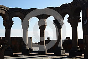 Reconstructed columns at Zvartnots Cathedral. Vagharshapat. Armavir province. Armenia