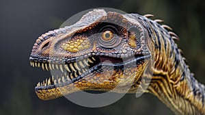 The reconstructed head of a velociraptor complete with slitted eyes sharp teeth and a curved claw offering a realistic photo
