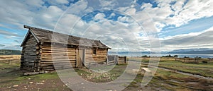 Reconstructed Historic Log Cabins at Bulnes Fort in Punta Arenas Chile. Concept Chilean History,