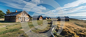 Reconstructed Historic Log Cabins at Bulnes Fort in Punta Arenas, Chile. Concept Historic Log