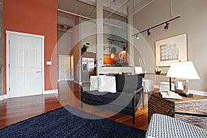 Reconstructed modern living and kitchen room.