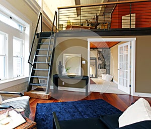 Reconstructed modern living room with mezzanine