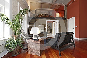 Reconstructed modern living room with a mezzanine photo