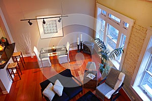 Reconstructed modern living room. Panoramic view photo
