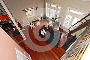 Reconstructed modern living room. Panoramic view photo