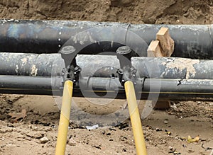 reconstruction of city pipes with pipe laying and excavation excavation