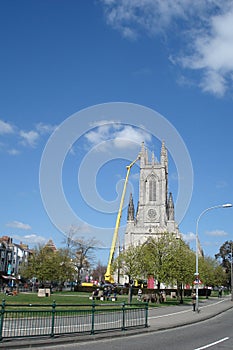 Reconstruction cleaning in process of the Anglican church roof