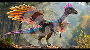 A reconstruction of a feathered dinosaur with vibrant colorful feathers challenging viewers preconceived notions of what