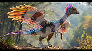 A reconstruction of a feathered dinosaur with vibrant colorful feathers challenging viewers preconceived notions of what photo