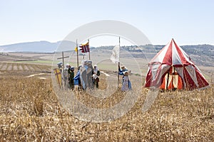 Reconstruction of Horns of Hattin battle in 1187. Warriors of thWarriors of the Crusaders make a battle formation before the battl